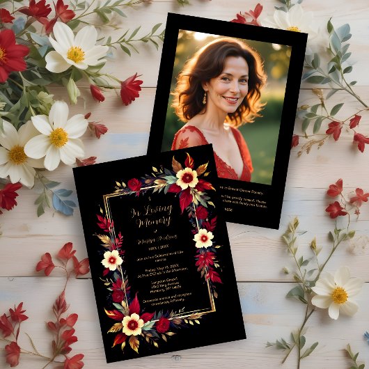 Stylish Botanical Red Shades Frame Photo Funeral 招待状