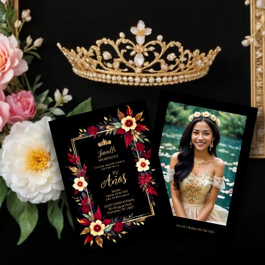 Stylish Botanical Red Shades Frame Photo Spanish 招待状