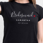 Stylish Bridesmaid Wedding Tシャツ<br><div class="desc">The perfect gift for any bridesmaid, the fun and modern design features a stylish typography script "Bridesmaid" with cute little red love heart full stops. The design is easy to personalize with a name and established wedding date and will be the perfect keepsake from your special day.</div>
