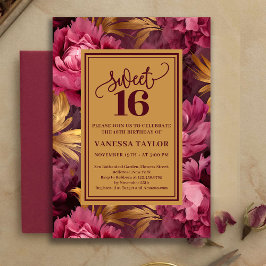 Stylish Burgundy Blush Roses Gold Sweet Sixteen 招待状