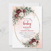 Stylish Burgundy Flowers Gold Baby Shower Invite 招待状 (正面)