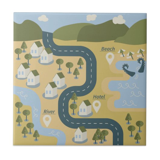 Stylish cartoon landscape vacation travel map タイル (正面)