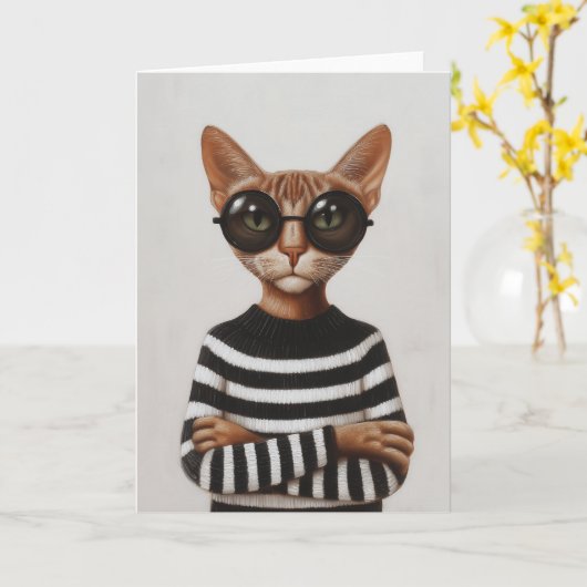 Stylish Cat With Round Glasses カード (黄色い花)