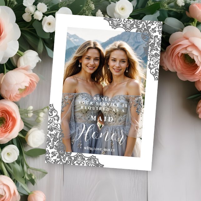 Stylish Cherish Bridesmaid Lace Corner Photo (Stylish Cherish Maid | Matron of Honor Lace Corner Effect Photo Wedding Proposal Cards. )