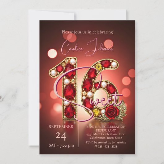 Stylish Chic Red Rose Gold Ruby Gemstone Sweet 16 招待状 (正面)