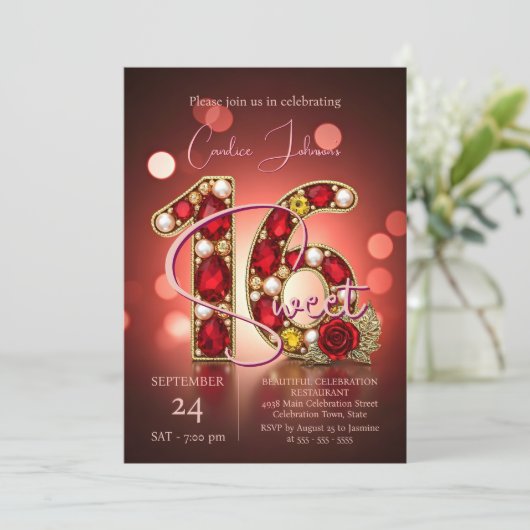 Stylish Chic Red Rose Gold Ruby Gemstone Sweet 16 招待状 (スタンド正面)