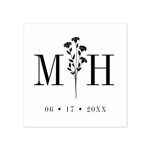 Stylish Chic Wedding Wildflowers Initials Monogram ラバースタンプ (インプリント)