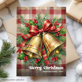 Stylish Christmas bells classic holly berries card シーズンカード