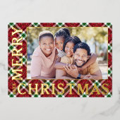 Stylish Christmas Plaid Photo 箔シーズンカード (正面)