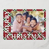 Stylish Christmas Plaid Photo Silver 箔シーズンカード (正面)