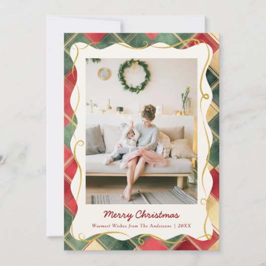 Stylish Christmas Red Green Plaid Pattern 1 Photo シーズンカード (正面)