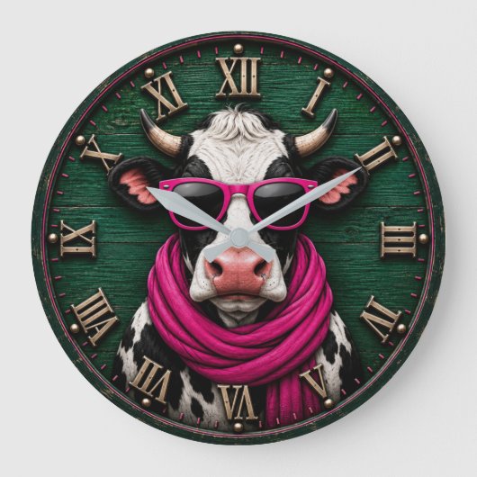 Stylish Cow Funny Farmhouse Cow Decor ラージ壁時計 (正面)