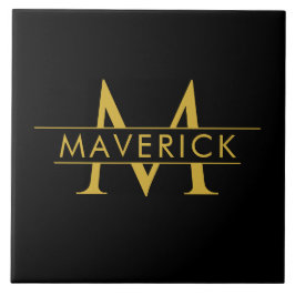 Stylish Custom Name Monogram Black タイル