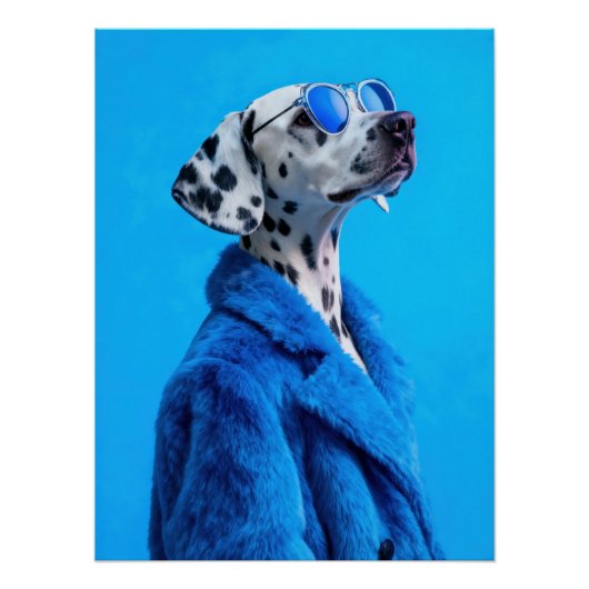 Stylish Dalmatian Dog Portrait in Blue Fur Coat ポスター (正面)