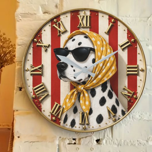 Stylish Dalmatian with Sunglasses Polka Dot Scarf ラージ壁時計