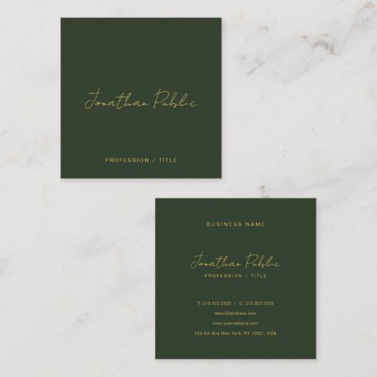 Stylish Dark Green Calligraphy Gold Text Trendy スクエア名刺 (正面/裏面)