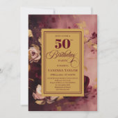 Stylish dark red blush gold roses 50th birthday   招待状 (正面)