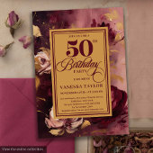 Stylish dark red blush gold roses 50th birthday   招待状