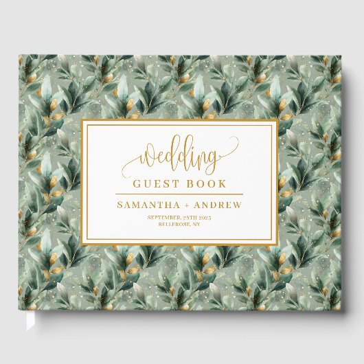 Stylish deep green gold eucalyptus wedding book ゲストブック (正面)