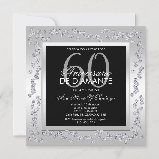 Stylish Diamonds Silver 60th Wedding Anniversary 招待状 (正面)