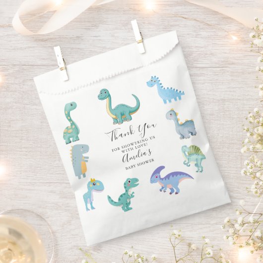 Stylish Dinosaur Baby Shower White フェイバーバッグ (クリップ留めされた状態)