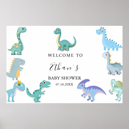 Stylish Dinosaur Baby Shower White ポスター (正面)