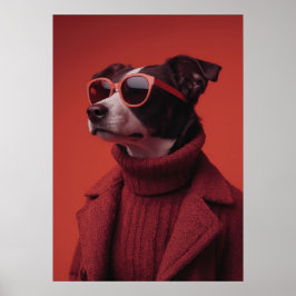 Stylish Dog Portrait in Red ポスター