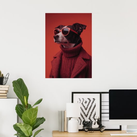 Stylish Dog Portrait in Red ポスター (ホームオフィス)