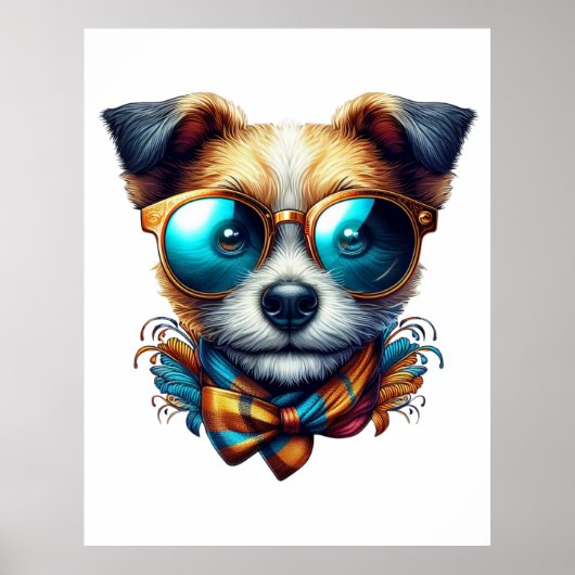 Stylish Dog With Glasses Colorful Modern Pet Art ポスター (正面)