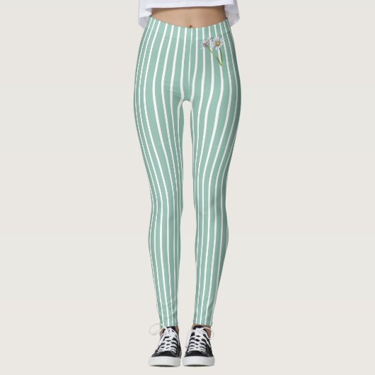 Stylish Duck Egg Blue Striped Watercolor Daisy  レギンス (正面)