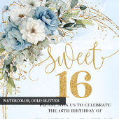 Stylish Dusty Blue Floral Gold Sweet 16th Invite 招待状