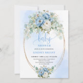 Stylish Dusty Blue Flowers Greenery Baby Shower 招待状 (正面)