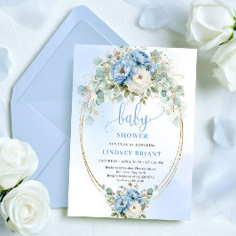 Stylish Dusty Blue Flowers Greenery Baby Shower 招待状