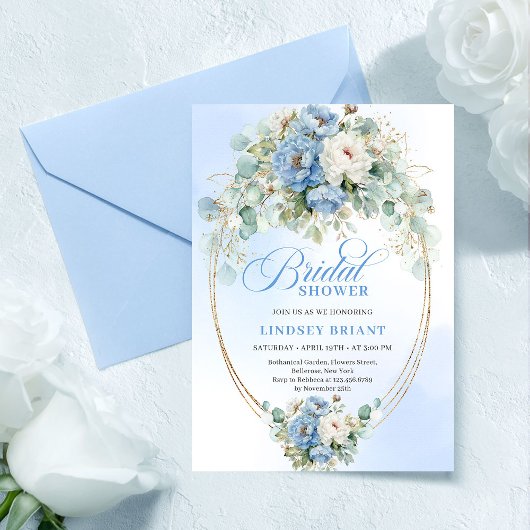 Stylish Dusty Blue Flowers Greenery Bridal Shower 招待状