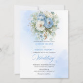 Stylish Dusty Blue Peony Gold Accent Wedding Invit 招待状 (正面)