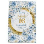 Stylish Dusty Blue Sweet 16 Gold Glitter Gift Bags ミディアムペーパーバッグ (裏面)