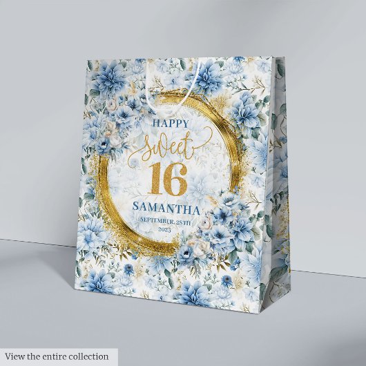 Stylish Dusty Blue Sweet 16 Gold Glitter Gift Bags ミディアムペーパーバッグ