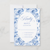 Stylish Dusty Blue Toile Roses Wedding RSVP Card (正面)