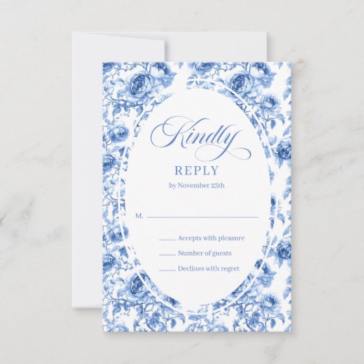 Stylish Dusty Blue Toile Roses Wedding RSVP Card (正面)