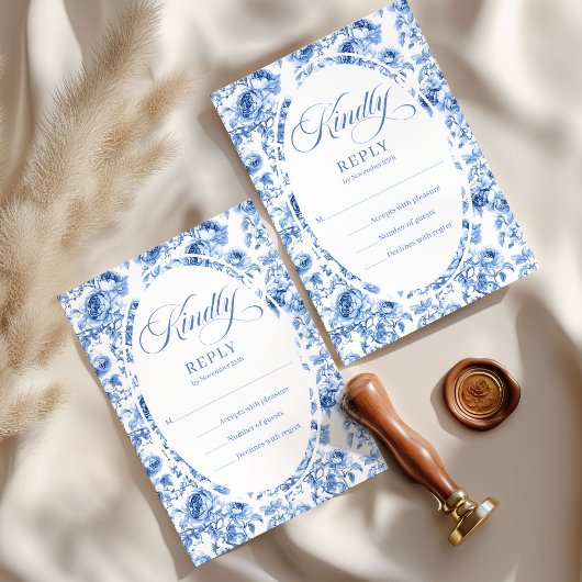 Stylish Dusty Blue Toile Roses Wedding RSVP Card