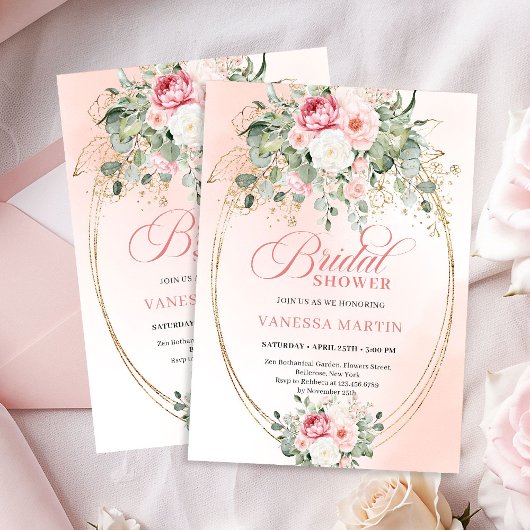 Stylish Dusty Pink Eucalyptus Bridal Shower Invite 招待状