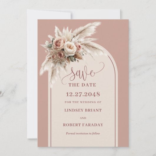 Stylish Dusty Pink Floral Arch Save the Date 招待状 (正面)