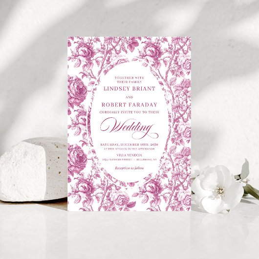 Stylish Dusty Rose Toile Roses Wedding Invitation  招待状