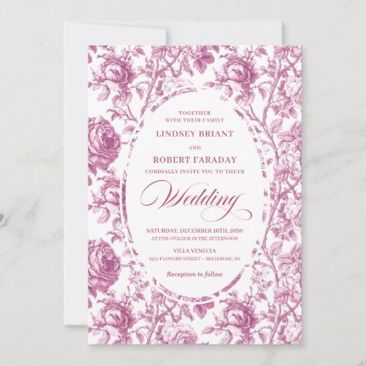 Stylish Dusty Rose Toile Roses Wedding Invitation  招待状 (正面)