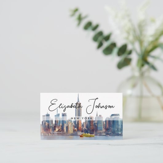 Stylish Elegant Script New York Skyline 名刺 (スタンド正面)