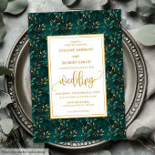 Stylish Emerald Gold Eucalyptus Wedding Invitation 招待状