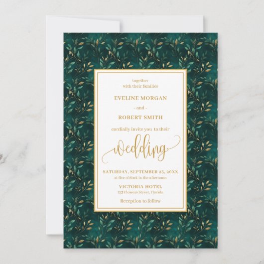 Stylish Emerald Gold Eucalyptus Wedding Invitation 招待状 (正面)