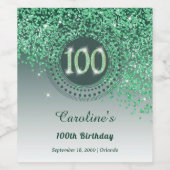 Stylish Falling Green Glitter 100th Birthday ワインラベル (シングルラベル)