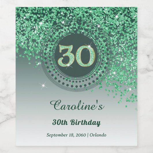 Stylish Falling Green Glitter 30th Birthday ワインラベル (シングルラベル)
