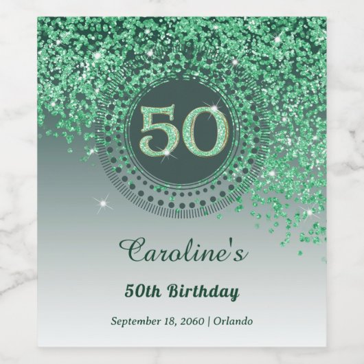 Stylish Falling Green Glitter 50th Birthday ワインラベル (シングルラベル)